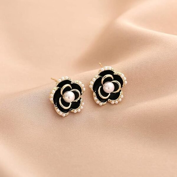 Elegant Black Flower Stud Earrings with Pearl Center and Gold Detailing