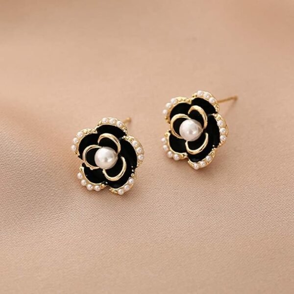 Elegant Black Flower Stud Earrings with Pearl Center and Gold Detailing