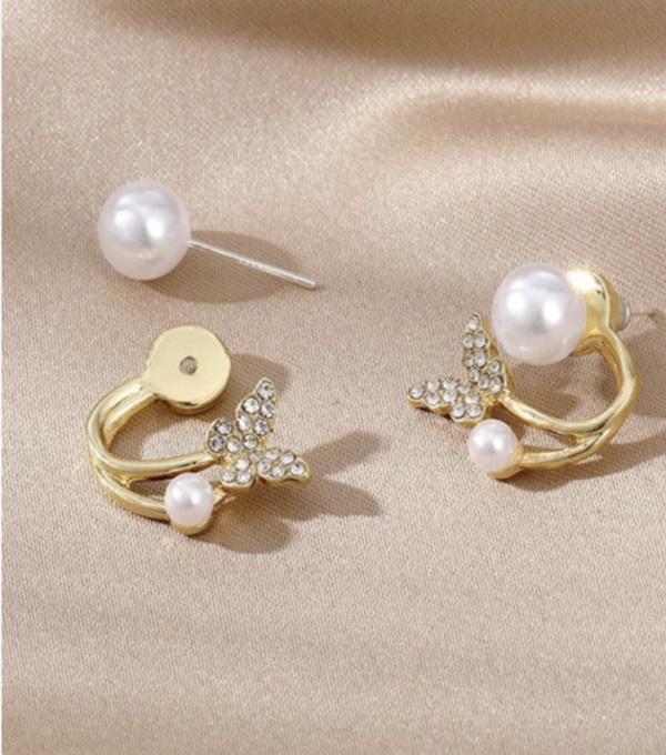 Crystal Butterfly Pearl Stud Earrings – Elegant Gold-Tone Statement Earrings for Women & Girls